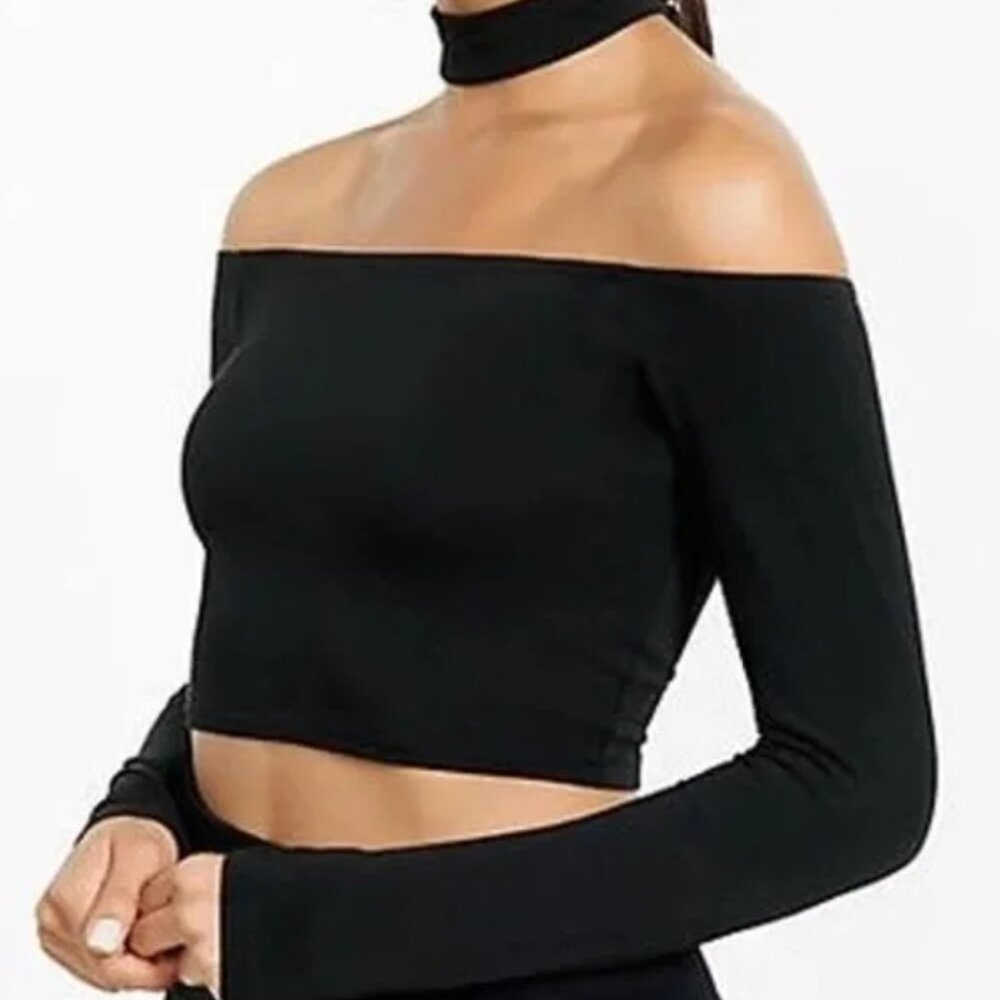 Express Off The Shoulder Choker Crop Top with Long Sleeves - Size Medium